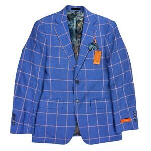 Tallia Mens Slim Fit Linen Rayon Windowpane Sport Coat Blue Pink 38R